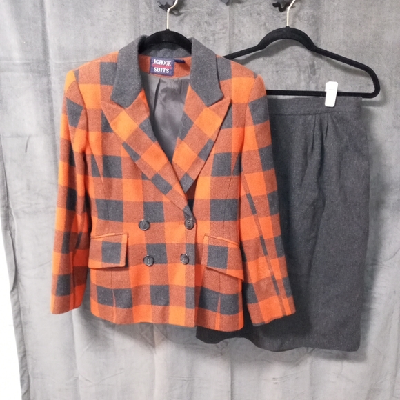 Vintage Dresses & Skirts - Vintage Orange and Grey Plaid Wool Blend JG Hook Suit Jacket 6 Skirt Size 8
